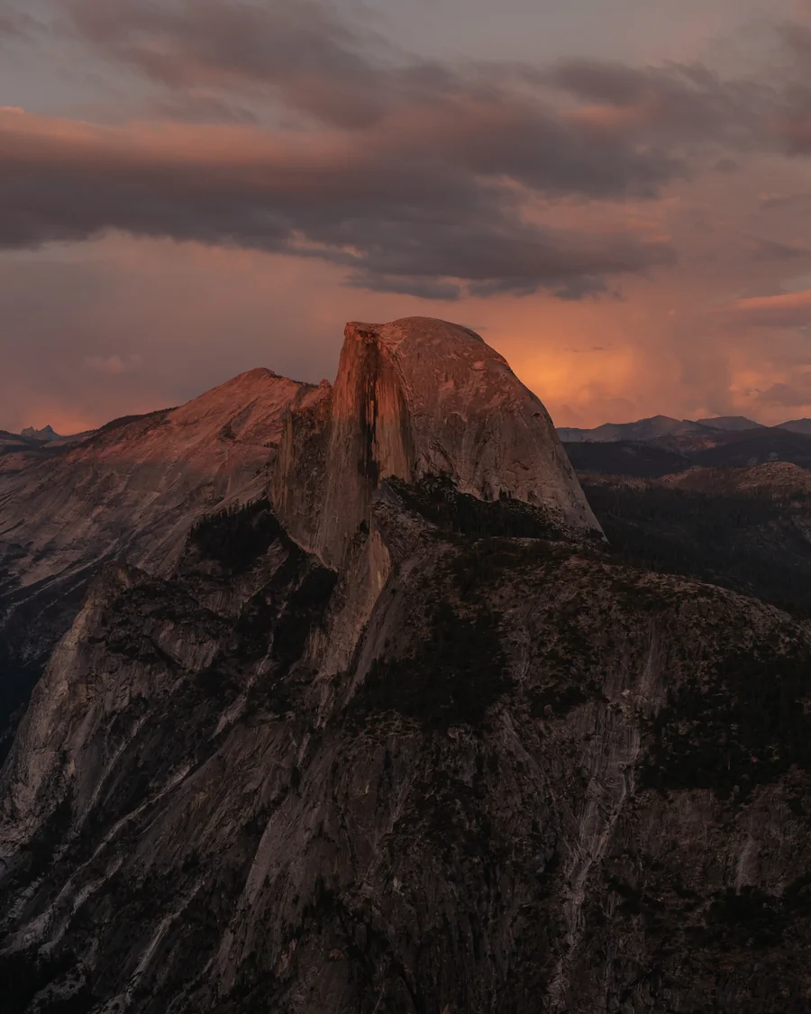 Half Dome catching the last light at sunset over Yosemite Valley