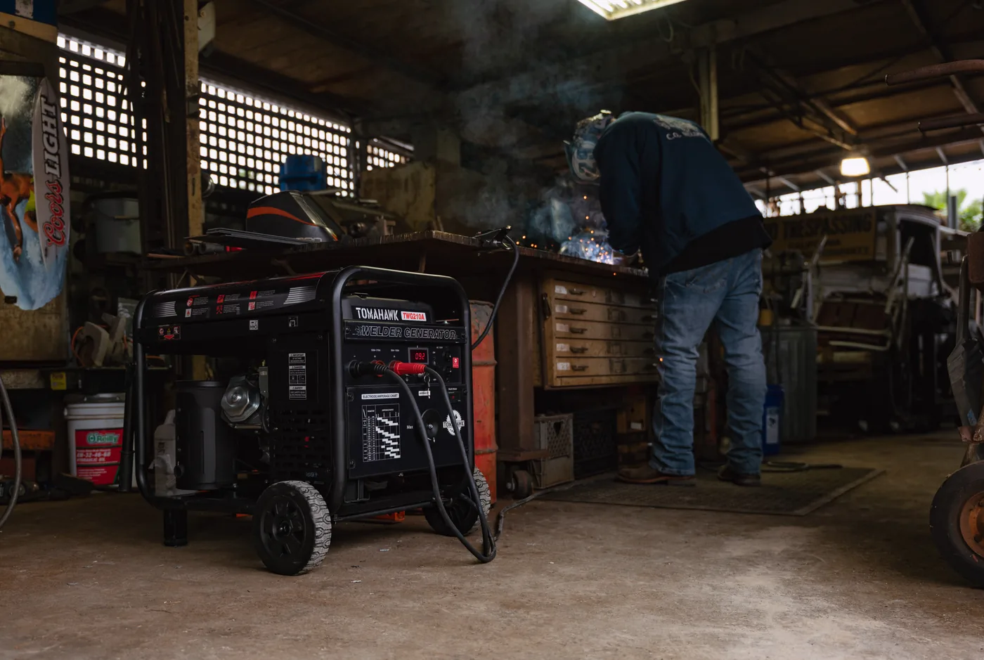 Tomahawk welder generator running in a fabrication shop